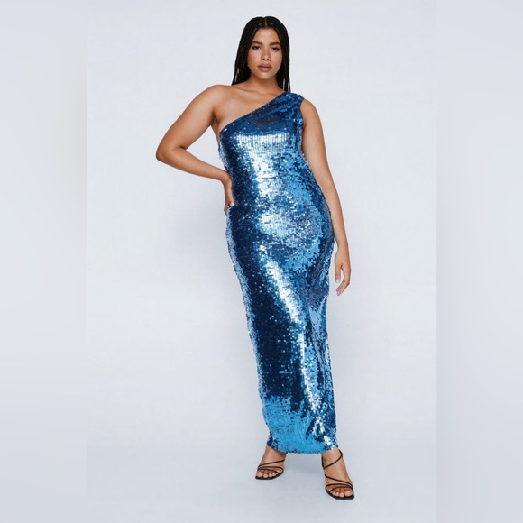 NWT Nasty Gal Plus Size Blue One Shoulder Maxi Sequin Dress - Picture 6 of 6